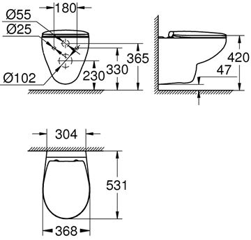 GROHE BAU CERAMIC závěsné WC se SoftClose sedátkem, Rimless splachování, alpská bílá 39351000 Technický nákres