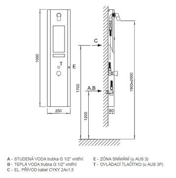 AZP BRNO termostatický sprchový panel, napájení ze sítě, nerez AUS 3P Technický nákres
