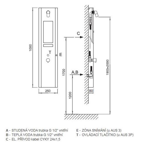 AZP BRNO termostatický sprchový panel, napájení ze sítě, nerez AUS 3P Technický nákres