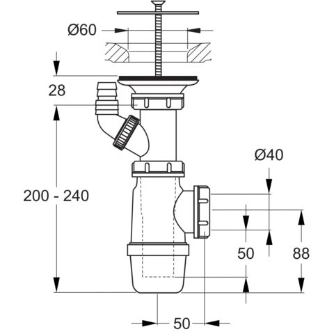 IDEAL STANDARD dřezový sifon DN40, s přípojkou a neuzavíratelnou výpustí D5870AA Technický nákres