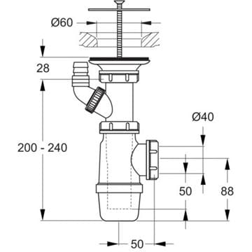 IDEAL STANDARD dřezový sifon DN40, s přípojkou a neuzavíratelnou výpustí D5870AA Technický nákres