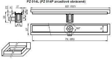 AZP BRNO sprchový žlab 800 mm, do rohu, boční odtok DN 50, rošt pro vložení dlažby, levý, nerez ocel PZ 014L.800 Technický nákres