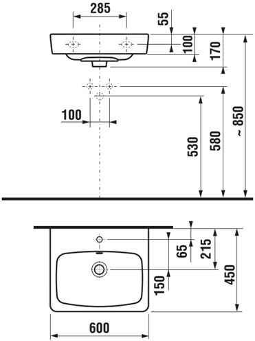 JIKA LYRA PLUS umyvadlo 60 cm, s otvorem pro baterii a přepadem H8103820001041 Technický nákres