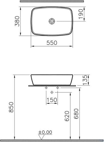 VITRA SHIFT umyvadlová mísa 55 cm, bez přepadu, broušená, VitrAhygiene 7075B003-0016 Technický nákres