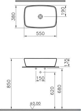 VITRA SHIFT umyvadlová mísa 55 cm, bez přepadu, broušená, VitrAhygiene 7075B003-0016 Technický nákres