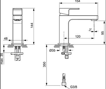 IDEAL STANDARD EDGE SLIM umyvadlová stojánková baterie, chrom A7103AA Technický nákres