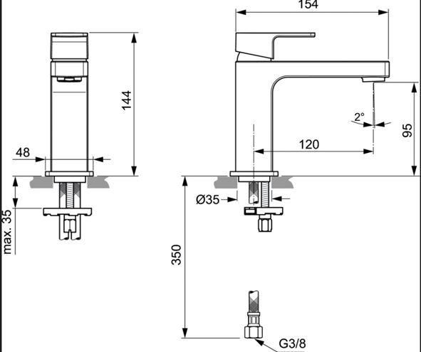 IDEAL STANDARD EDGE SLIM umyvadlová stojánková baterie, chrom A7103AA Technický nákres