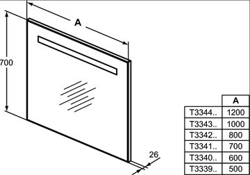 IDEAL STANDARD MIRROR & LIGHT zrcadlo 100x70 cm, s osvětlením, s vyhříváním T3343BH Technický nákres