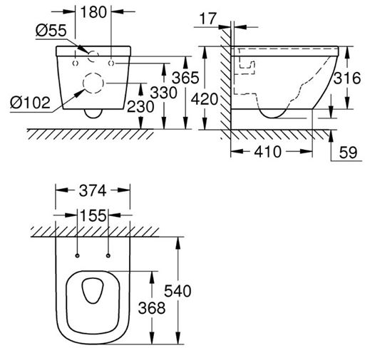 GROHE EURO CERAMIC závěsné WC, Rimless, Triple Vortex splachování, PureGuard, alpská bílá 3932800H Technický nákres