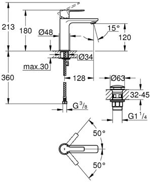 GROHE LINEARE umyvadlová stojánková baterie, s odtokovou soupravou, supersteel 23106DC1 Technický nákres
