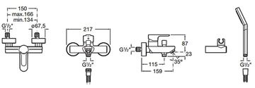 ROCA L20 vanová nástěnná baterie, se sprchovou soupravou, s přepínačem, chrom A5A0109C02 Technický nákres