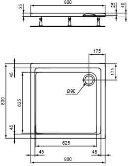 CONCEPT 200 sprchová vanička 80x80 cm, akrylát, bez nožiček K866801 Technický nákres