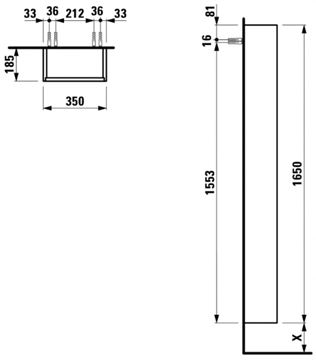 LAUFEN BASE vysoká skříňka 35x18,5x165 cm, 1 dvířka, panty vlevo, lesklá bílá H4026511102611 Technický nákres