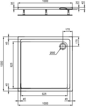 CONCEPT 200 sprchová vanička 100x100 cm, akrylát, bez nožiček K867001 Technický nákres