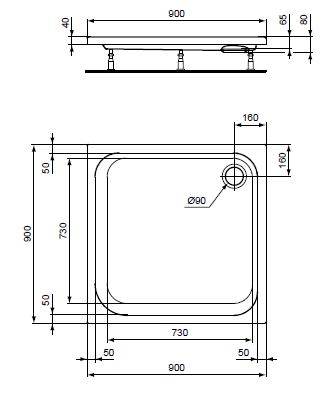 CONCEPT 100 sprchová vanička 90x90 cm, akrylát, bez nožiček K864601 Technický nákres