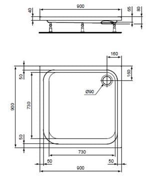 CONCEPT 100 sprchová vanička 90x90 cm, akrylát, bez nožiček K864601 Technický nákres