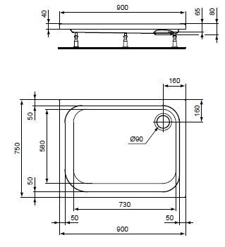 CONCEPT 100 sprchová vanička 90x75 cm, akrylát, bez nožiček K864801 Technický nákres