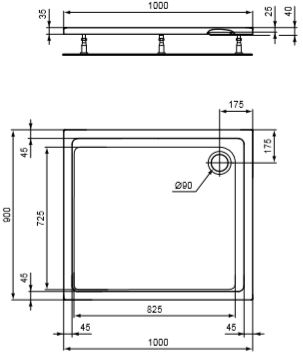 CONCEPT 200 sprchová vanička 100x90 cm, akrylát, bez nožiček K867301 Technický nákres