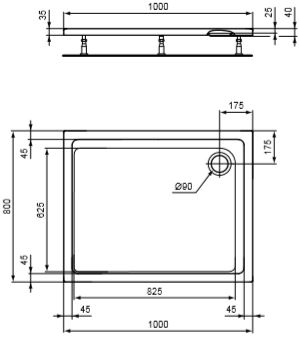 CONCEPT 200 sprchová vanička 100x80 cm, akrylát, bez nožiček K867201 Technický nákres