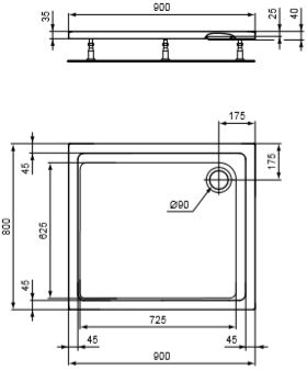 CONCEPT 200 sprchová vanička 90x80 cm, akrylát, bez nožiček K867101 Technický nákres