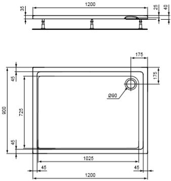 CONCEPT 200 sprchová vanička 120x90 cm, akrylát, bez nožiček K867501 Technický nákres