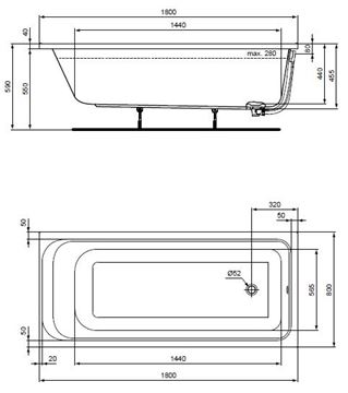 CONCEPT 100 vana 180x80 cm, bez nožiček, akrylát K864201 Technický nákres