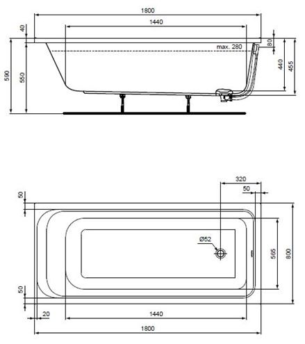 CONCEPT 100 vana 180x80 cm, bez nožiček, akrylát K864201 Technický nákres