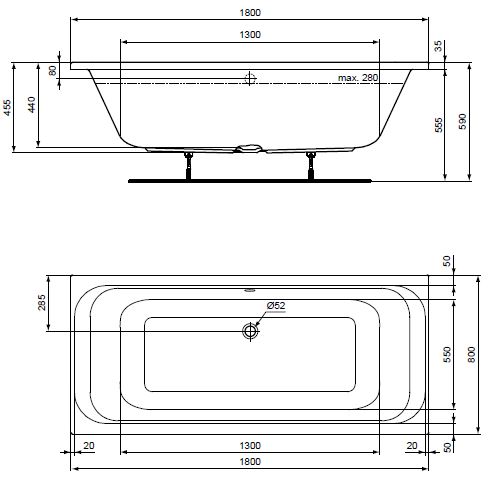 CONCEPT 100 vana duo 180x80 cm, pro 2 osoby, bez nožiček, akrylát K864301 Technický nákres