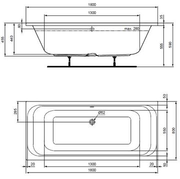 CONCEPT 100 vana duo 180x80 cm, pro 2 osoby, bez nožiček, akrylát K864301 Technický nákres