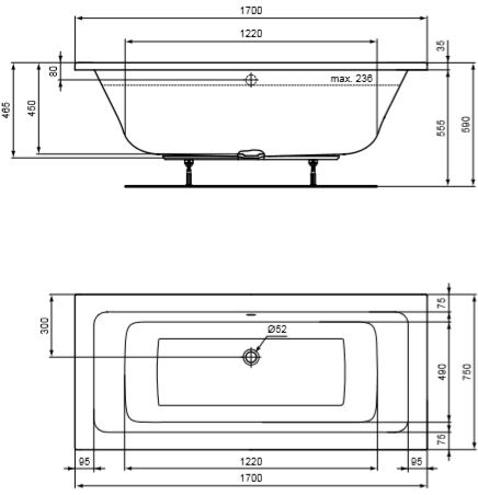CONCEPT 200 vana 170x75 cm, pro 2 osoby, bez nožiček, akrylát K866001 Technický nákres