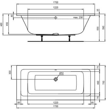 CONCEPT 200 vana 170x75 cm, pro 2 osoby, bez nožiček, akrylát K866001 Technický nákres