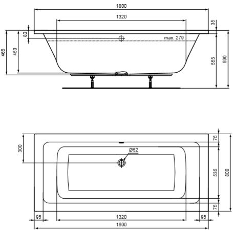 CONCEPT 200 vana 180x80 cm, pro 2 osoby, bez nožiček, akrylát K866101 Technický nákres