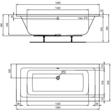 CONCEPT 200 vana 180x80 cm, pro 2 osoby, bez nožiček, akrylát K866101 Technický nákres