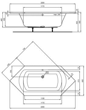 CONCEPT 200 vana 200x90 cm, pro 2 osoby, bez nožiček, akrylát K866301 Technický nákres