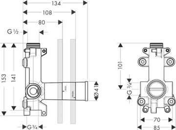 AXOR SHOWER SOLUTIONS podomítkové těleso DN15 10971180 Technický nákres