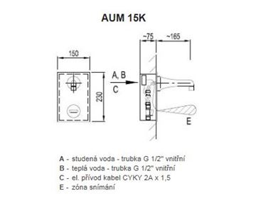 AZP BRNO umyvadlová senzorová baterie, napájení ze sítě, s tělesem, nerez AUM 15K.2 Technický nákres