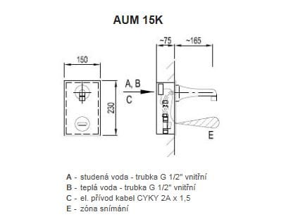AZP BRNO umyvadlová senzorová baterie, napájení ze sítě, s tělesem, nerez AUM 15K.2 Technický nákres