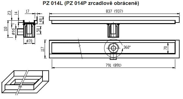 AZP BRNO sprchový žlab 900 mm, do rohu, boční odtok DN 50, rošt pro vložení dlažby, pravý, nerez ocel PZ 014P.900 Technický nákres