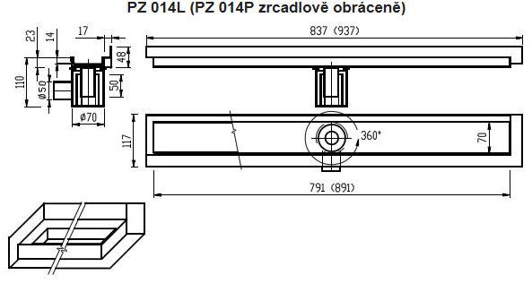 AZP BRNO sprchový žlab 900 mm, do rohu, boční odtok DN 50, rošt pro vložení dlažby, levý, nerez ocel PZ 014L.900 Technický nákres