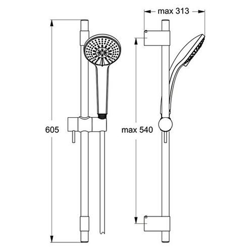 IDEAL STANDARD IDEALRAIN PRO M3 sprchová souprava 3-dílná, ruční sprcha pr. 100 mm, 3 proudy, tyč, hadice, chrom B9834AA Technický nákres