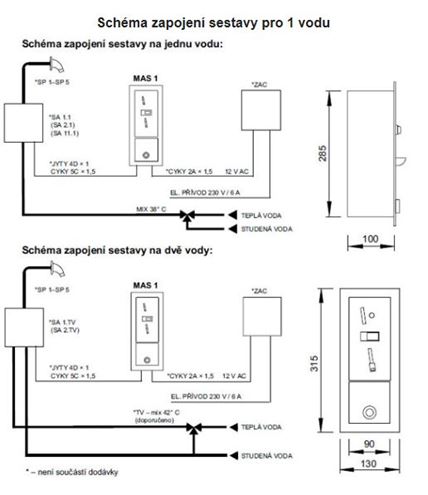AZP BRNO mincovní automat pro sprchu MAS 1 Technický nákres