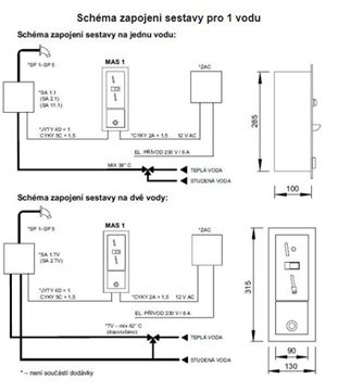 AZP BRNO mincovní automat pro sprchu MAS 1 Technický nákres