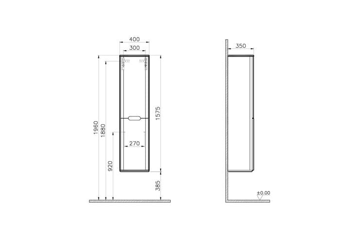 VITRA SENTO vysoká skříňka 40x35x157,5 cm, 2 dvířka, panty vpravo, white mat 60848 Technický nákres