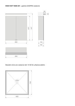 TIMERA GASPRA HSGV zrcadlová skříňka vestavná 60x74,7x15 cm, osvětlení, s vypínačem a el. zásuvkou, hliník, stříbrná HSGV 0677 0600.301 Technický nákres