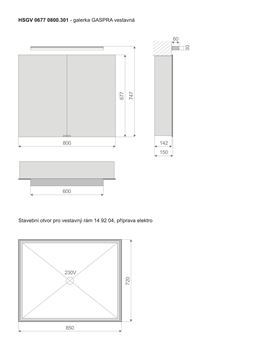 TIMERA GASPRA HSGV zrcadlová skříňka vestavná 80x74,7x15 cm, osvětlení, s vypínačem a el. zásuvkou, hliník, stříbrná HSGV 0677 0800.301 Technický nákres