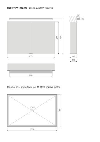 TIMERA GASPRA HSGV zrcadlová skříňka vestavná 100x74,7x15 cm, osvětlení, s vypínačem a el. zásuvkou, hliník, stříbrná HSGV 0677 1000.302 Technický nákres
