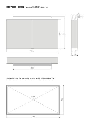 TIMERA GASPRA HSGV zrcadlová skříňka vestavná 120x74,7x15 cm, osvětlení, s vypínačem a el. zásuvkou, hliník, stříbrná HSGV 0677 1200.302 Technický nákres