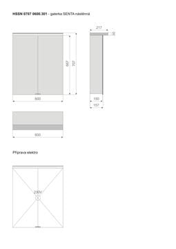 TIMERA SENTA HSSN zrcadlová skříňka 60x70,7x21,7 cm, osvětlení, s vypínačem a el. zásuvkou, hliník, stříbrná HSSN 0707 0600.301 Technický nákres