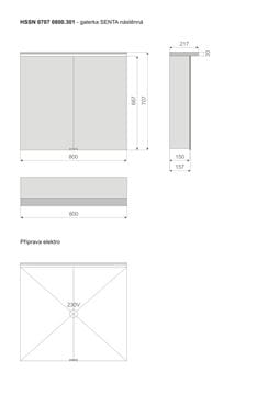 TIMERA SENTA HSSN zrcadlová skříňka 80x70,7x15,7 cm, osvětlení, s vypínačem a el. zásuvkou, hliník HSSN 0707 0800.301 Technický nákres