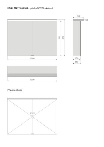 TIMERA SENTA HSSN zrcadlová skříňka 100x70,7x21,7 cm, osvětlení, s vypínačem a el. zásuvkou, hliník, stříbrná HSSN 0707 1000.301 Technický nákres